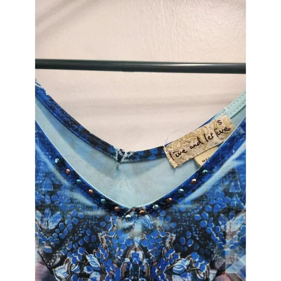 Live And Let Live Womens BOHO Maxi Dress Small Blue Abstract Sleeveless Festival - Picture 3 of 11